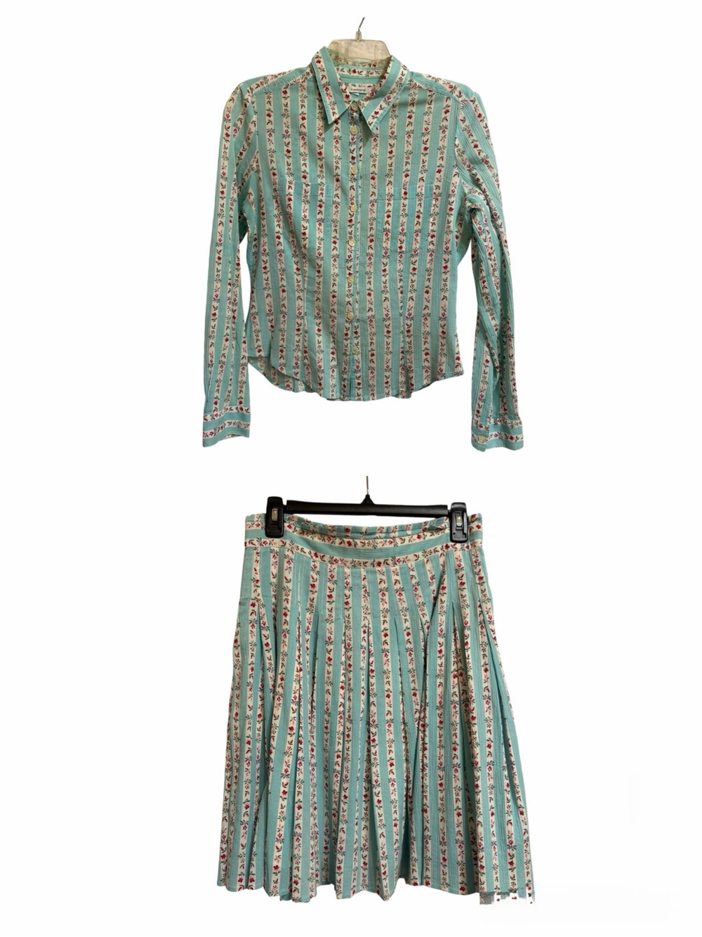 Vintage Cacharel Paris Skirt Floral Stripe Blouse & Pleated Skirt Set French 38